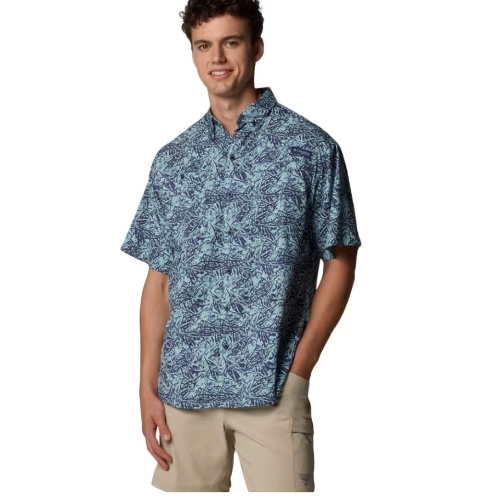 Columbia PFG Men Fishing Shirt Large Super Tamiami Blue White Deep Sea Boating